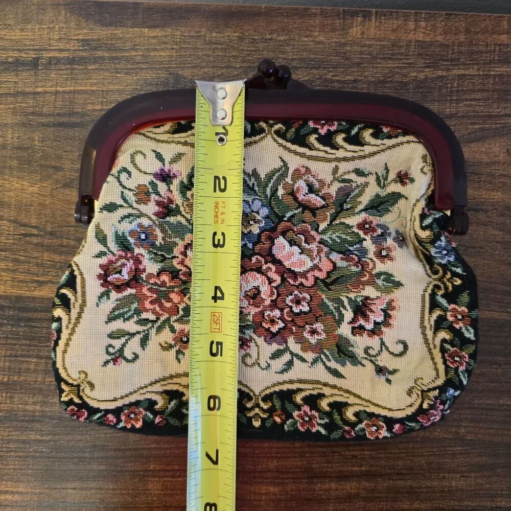 Vintage Floral Needlepoint Clutch Purse With Maroon Frame & Kiss Lock Closure - Picture 8 of 8